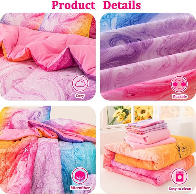 Girls Full Bedding Sets, 6 Pcs Pink Full Szie Comforter Set with Sheets, Watercolor Marble Abstract Art Superior Bedding Set for Girls Kids - LeafyLoom