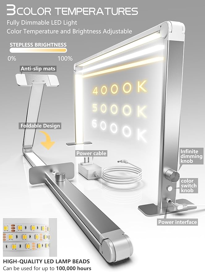 LED Desk Lamp 36W, 4000-6000K Dimmable Table Lamp, 3 Lighting Modes, Square Desk Light for Study, Model Building, Painting, Crafting-Silver - LeafyLoom