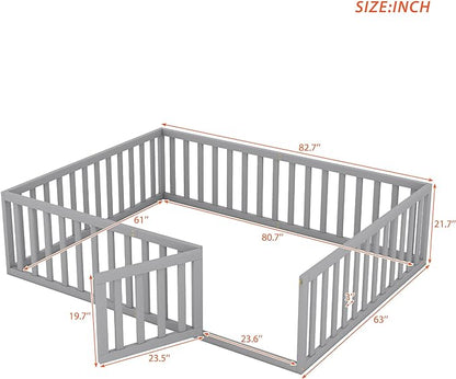 Multifunctional Queen Size Floor Bed with Safety Guardrails and Door, Montessori Sturdy Solid Wood Beds Frame, Easy Assembly and No Spring Need, for Boys and Girls Room, Gray - LeafyLoom