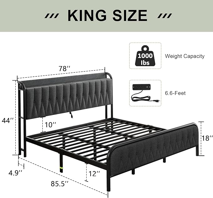 Feonase King Bed Frame with Type-C & USB Port, Metal Platform Beds, with Linen Upholstered Headboard & Footboard, 12" Underbed Storage Space, Easy Assembly, Noise-Free, Dark Gray - LeafyLoom