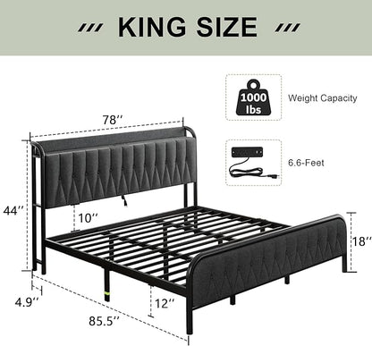 Feonase King Bed Frame with Type-C & USB Port, Metal Platform Beds, with Linen Upholstered Headboard & Footboard, 12" Underbed Storage Space, Easy Assembly, Noise-Free, Dark Gray - LeafyLoom