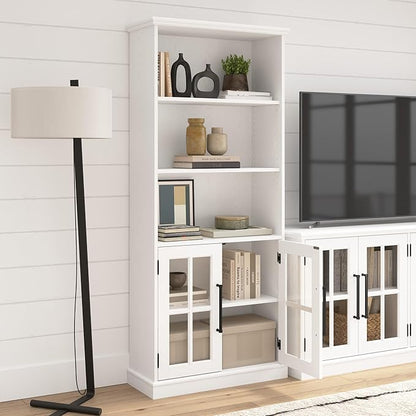 Bush Furniture Westbrook Tall 5 Shelf Bookcase with Glass Doors in White Ash | Farmhouse Bookshelf Cabinet for Living Room and Home Office - LeafyLoom