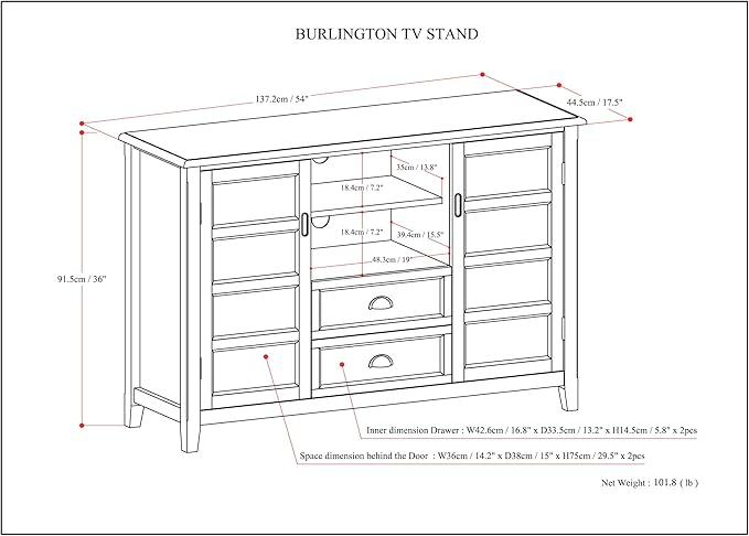 SIMPLIHOME Burlington SOLID WOOD Universal TV Media Stand, 54 inch Wide, Transitional, Living Room Entertainment Center, Storage Shelves and Cabinets, for TVs up to 60 inches in Medium Saddle Brown - LeafyLoom