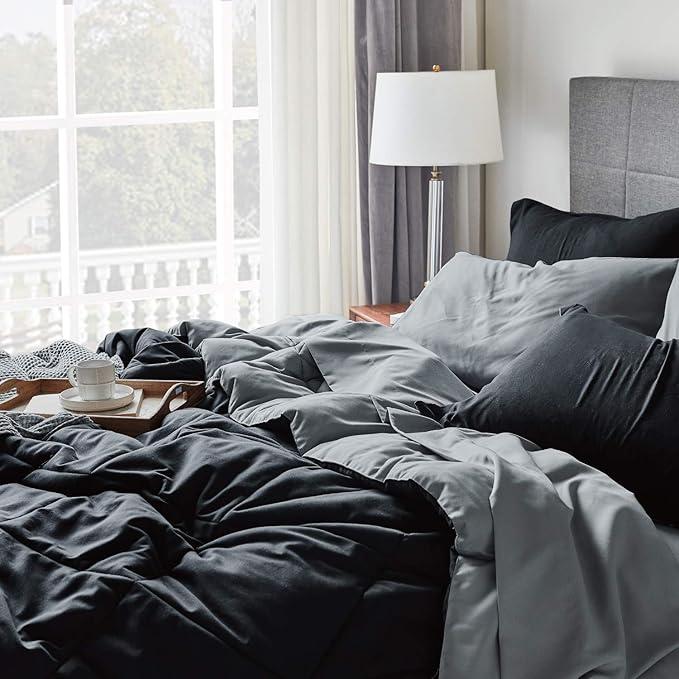 Bedsure Black Comforter Set King - 7 Pieces Reversible Black Bed Set King, Black Bedding Set King with Comforters, Sheets, Pillowcases & Shams, King Size Black Bed in a Bag - LeafyLoom