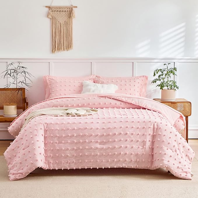 7 Pieces Tufted Dots Bed in a Bag King Comforter Set with Sheets Pink , Soft and Embroidery Shabby Chic Boho Comforters, Solid Color with Pom Pom Design, Jacquard Tufts Bedding Set for All Season - LeafyLoom