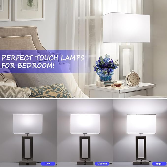 22'' Lamps for Bedrooms Set of 2, Touch Control Table Lamps with 2 USB Ports, 3-Way Dimmable Bedside Nightstand Lamps, Brushed Nickel &White Lamp for End Table Living Room Modern Contemporary - LeafyLoom