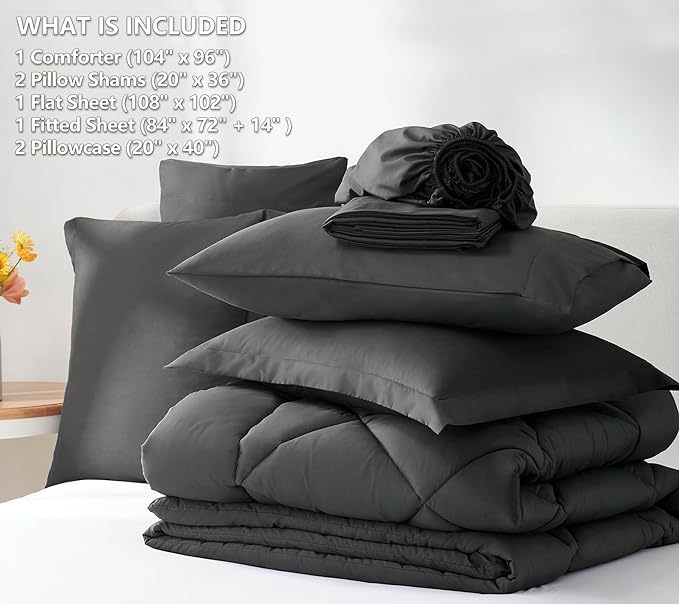 CozyLux California King Bed in a Bag 7 Pieces Comforter Set with Sheets Dark Grey Cal King All Season Bedding Sets with Comforter, Pillow Shams, Flat Sheet, Fitted Sheet and Pillowcases. - LeafyLoom