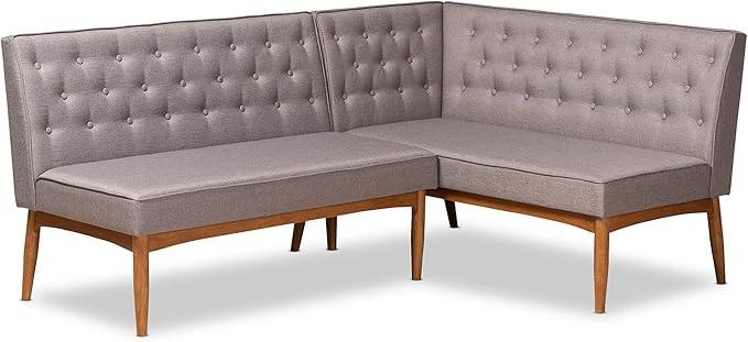 Baxton Studio Riordan Mid-Century Modern Grey Fabric Upholstered and Walnut Brown Finished Wood 2-Piece Dining Nook Banquette Set - LeafyLoom