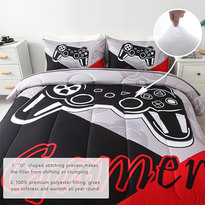 KAKKI 5 Piece Boys Queen Gamer Comforter Set with Sheets, 3D Colorful Video Game Controller Comforter for Kids Teen, All Season Soft Microfiber Gaming Bedding Set(Red,Queen) - LeafyLoom