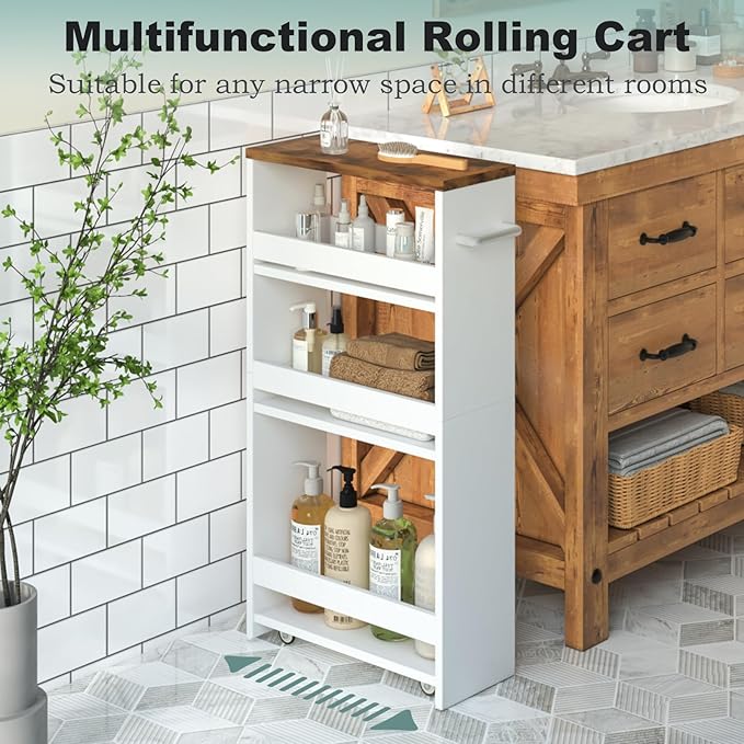 MARTY Rolling Storage Cart 4-Tier White Kitchen cart on Wheels,Slim Storage Cart with Handle Slide Out Utility Cart Shelving Unit Organizer Trolley for Laundry Narrow Places Bathroom Small Corner - LeafyLoom