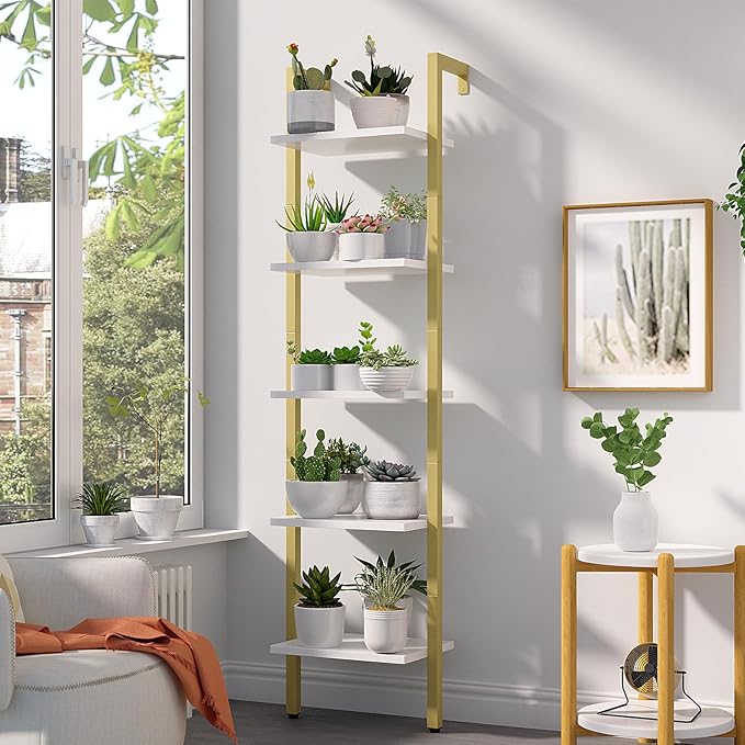 YMYNY 5 Tiers Ladder Bookcase, Industrial Wall Mounted Bookshelf, Open Display Rack with Metal Frame, Wooden Storage Shelves for Bedroom, Home Office, Living Room, White+Gold, 70*17.3*11.8"UHBC015W - LeafyLoom