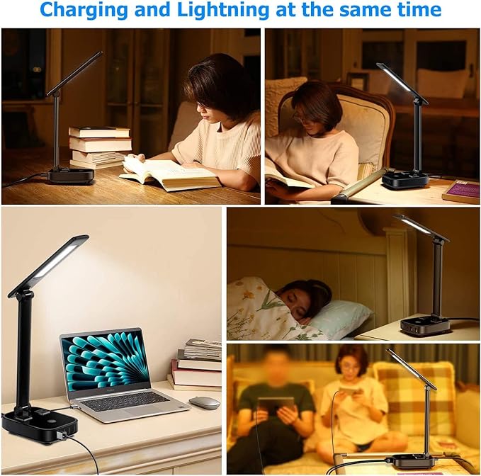 LED Desk Lamp with 4 USB Charging Ports and 2 AC Outlets,5ft Extension Cord Power Strip Station, 3 Level Brightness, Touch Dimmer Control, Office Table Eye Care Lamp bedroom hotel - LeafyLoom