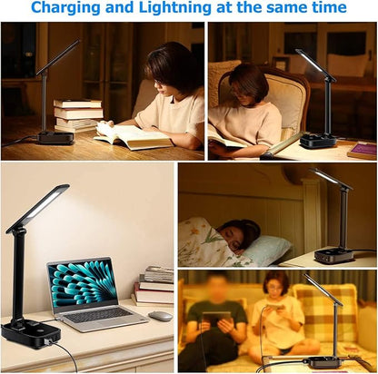 LED Desk Lamp with 4 USB Charging Ports and 2 AC Outlets,5ft Extension Cord Power Strip Station, 3 Level Brightness, Touch Dimmer Control, Office Table Eye Care Lamp bedroom hotel - LeafyLoom