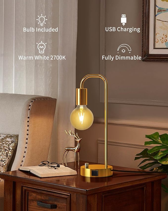 Industrial Table Lamp with 2 USB Port, Stepless Dimmable Nightstand Bedside Lamps for Bedroom,Desk Lamps with 2700K Gold Gradient Bulb for Reading Living Room - LeafyLoom