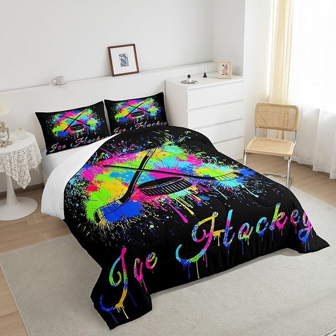 Feelyou Kids Ice Hockey Comforter Set Twin Size Gaming Sports Bedding Set for Boys Girls Teens Bedroom Decor Ice Sports Games Tie Dye Comforter Hockey Player Duvet Set with 1 Pillow Case - LeafyLoom