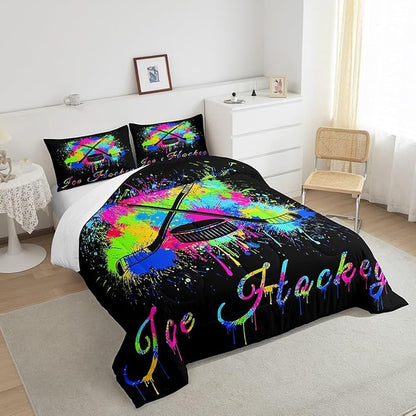 Feelyou Kids Ice Hockey Comforter Set King Size Gaming Sports Bedding Set for Boys Girls Teens Bedroom Decor Ice Sports Games Tie Dye Comforter Hockey Player Duvet Set with 2 Pillow Case - LeafyLoom