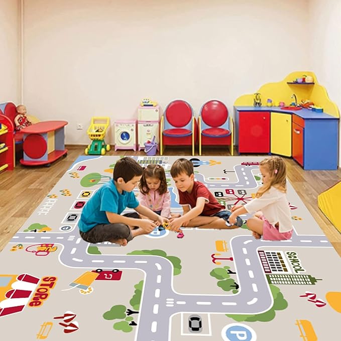 kid rug carpet playmat for toy cars and trains,road traffic kids play area rug,city Life town play Mat for Playroom Bedroom Boys,Children's Educational Fun Throw Rug with Rubber Backing 63X91IN - LeafyLoom