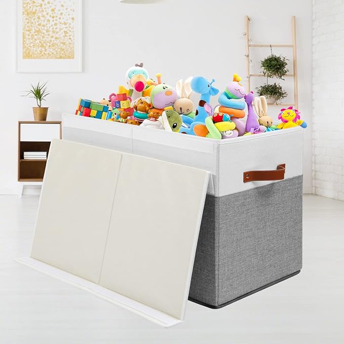 Large Toy Storage Box with Lid, Sturdy Toys Storage Chest Bin Organizer Basket with Dividers for Kids, Boys, Girls, Nursery, Closet, Bedroom, Playroom 25"x13" x16" (Grey and White) - LeafyLoom