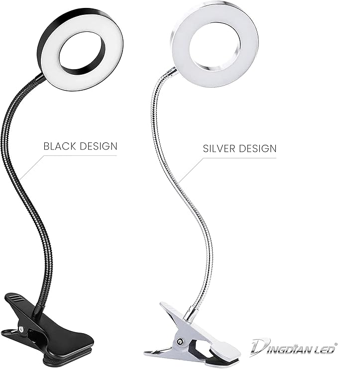 Bi-Colour Light Mode 360 ° Flexible Gooseneck, LED Lighting, Desk Lamp with USB Charging Port, Study Lamp, Clamp Lamp, Office Desk Accessories, Bed Lamp, Clip on Lamp (Silver) - LeafyLoom