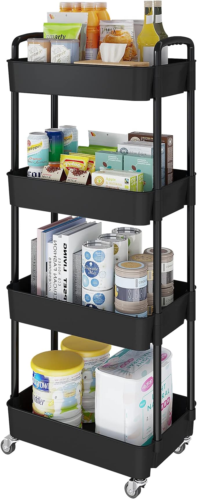 4-Tier Storage Cart,Multifunction Utility Rolling Cart Kitchen Storage Organizer,Mobile Shelving Unit Cart with Lockable Wheels for Bathroom,Laundry,Living Room,With Classified Stickers,Black - LeafyLoom