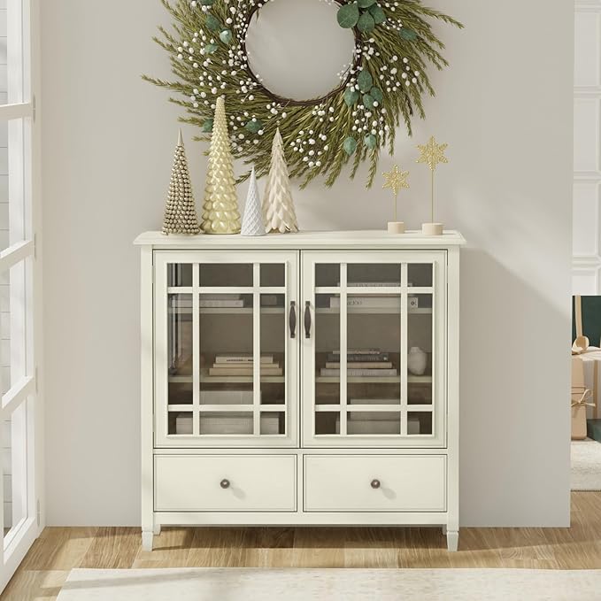 SIMPLIHOME Connaught Low Storage Cabinet, 46 inch, Antique White - LeafyLoom