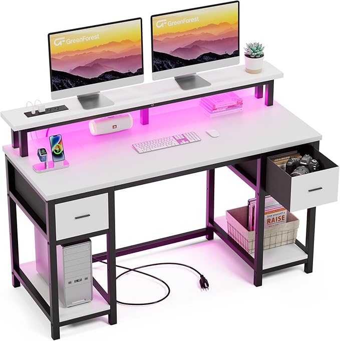 GreenForest Computer Desk with 2 Drawers and Power Outlets,50 Inch Office Desk with 2 Monitor Stands and Fabric File Cabinet, Reversible Gaming table with Led Lights and Shelves, Work Desk, White - LeafyLoom