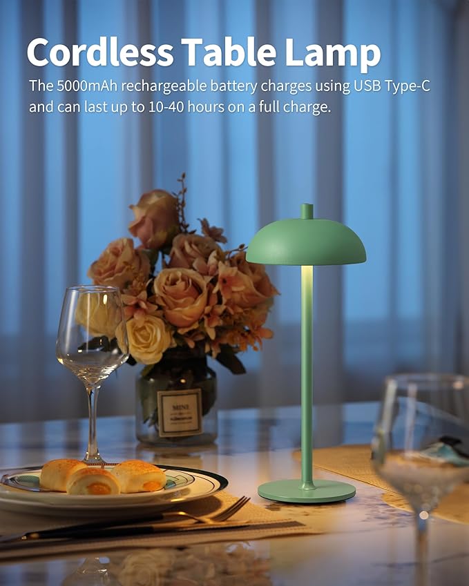 Cordless LED Table Lamp Set of 2, Modern Portable Desk Lamp, 3 Color Stepless Dimming Built-in Rechargeable Battery Lights, for Bedroom, Patio, Outdoor, Restaurant, Bedside Night Lamp(Green) - LeafyLoom