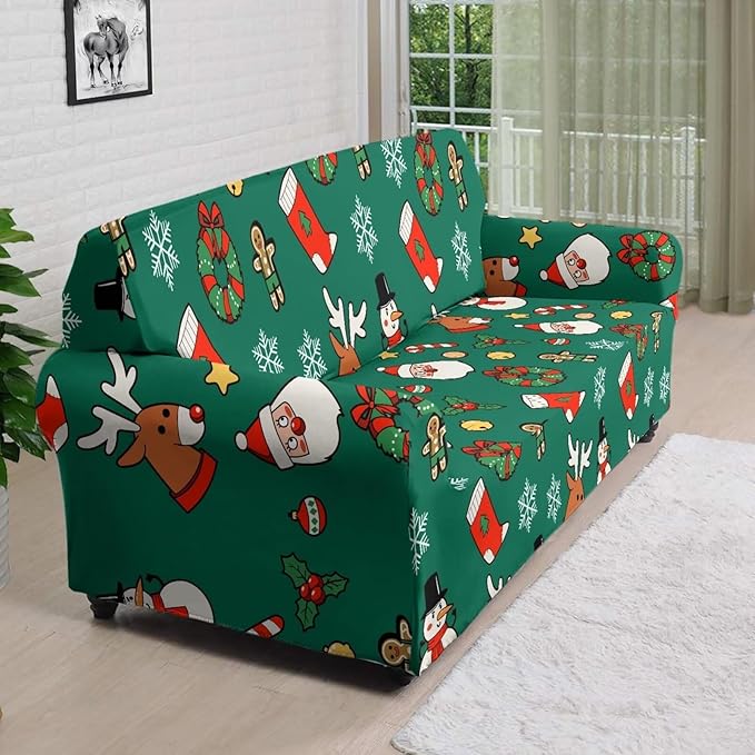 FKELYI Christmas Decorations Green Sofa Slipcover Santa Claus Stretch Sofa Couch Cover for Indoor Washable Furniture Protector with Elastic Bottom XL FKELYI