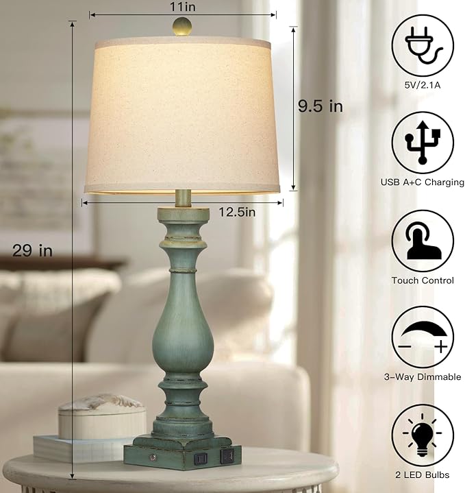 29" Tall Table Lamp for living room set of 2,Vintage Bedside Nightstand Lamps with USB C+A Ports & AC Outlet,3-Way Dimmable Touch Control Retro Green Desk Lamp for Bedroom,color 4 - LeafyLoom