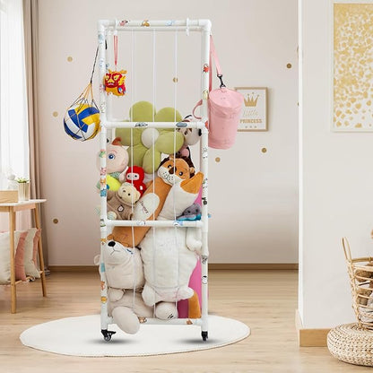 X-Large Plush Stuffed Animal Zoo Cage with Wheels, 67.7'' Stuffed Animal Storage Zoo Holder Standing, Toy Storage Organizer Shelves Basket with Net for Playroom, Bedroom, Nursery - LeafyLoom