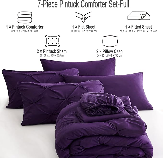 Ubauba 7pc Full Size Comforter Set with Sheets, Purple Pintuck 7 Pieces Bed in a Bag with Comforter, All Season Bedding Comforters & Sets (Purple,Full) - LeafyLoom