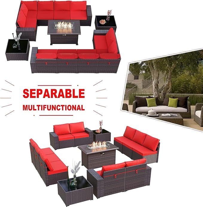 Kullavik 13 Pieces Outdoor Patio Furniture Set with 43" 55000BTU Gas Propane Fire Pit Table PE Wicker Rattan Sectional Sofa Patio Conversation Sets,Red - LeafyLoom