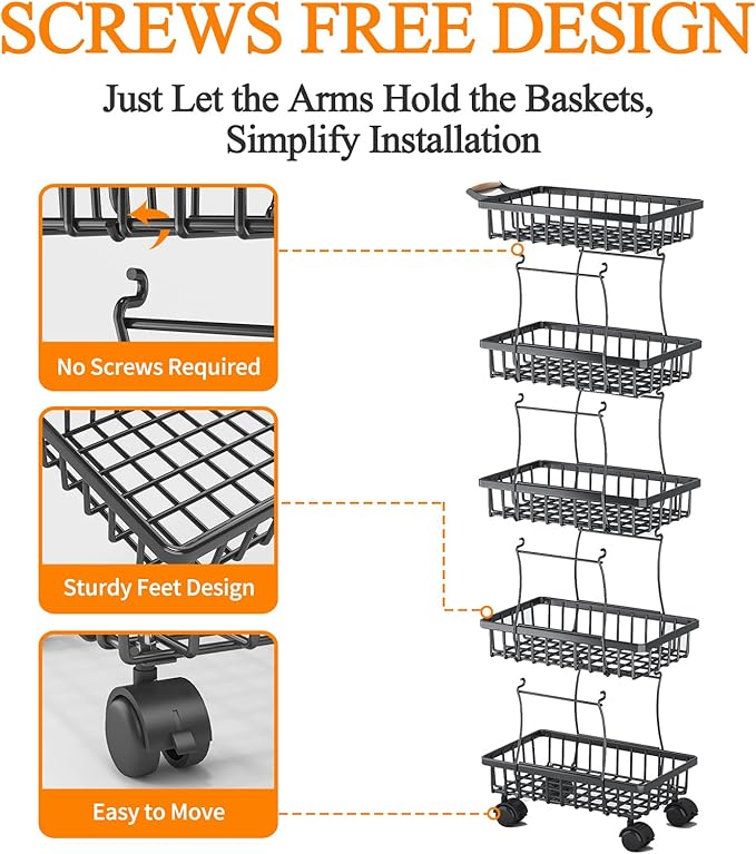 Wisdom Star 5 Tier Fruit Vegetable Basket for Kitchen, Fruit Vegetable Storage Cart, Vegetable Basket Bins, Wire Storage Basket Organizer Utility Cart with Wheels, Medium, Black - LeafyLoom