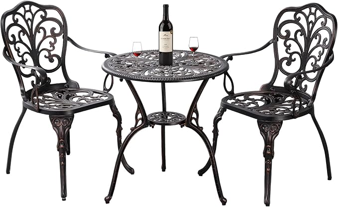 Bistro Set 3 Piece Outdoor Bistro Table and Chair Set of 2 Cast Aluminum Patio Furniture with Umbrella Hole,Patio Bistro Table Sets for Garden,Yard(Brown) - LeafyLoom