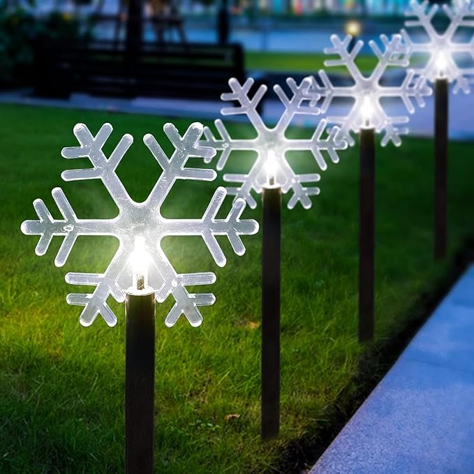 Christmas Snowflake Pathway Lights, 5 Pack Solar Christmas Stake Markers with Cool White Fairy Lights for Outdoor Holiday Walkway Patio Garden Christmas Decorations (5PCS-Cool White-Snow) ILLUMINEW