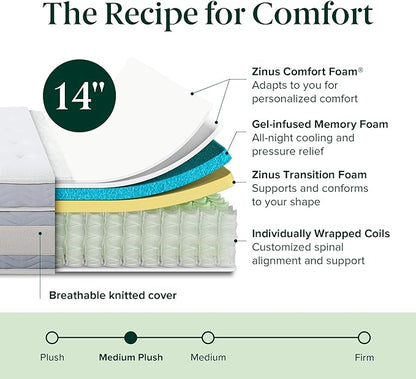 ZINUS 14 Inch Cooling Comfort Support Hybrid Mattress [New Version], Queen, Fiberglass free, Medium Plush, Cooling Motion Isolation, Certified Safe Foams & Fabric, Mattress in A Box - LeafyLoom