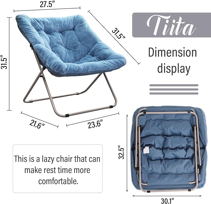 Tiita Comfy Saucer Chair, Soft Faux Fur Oversized Folding Accent Chair, Lounge Lazy Chair for Kids Teens Adults, Metal Frame Moon Chair for Bedroom, Living Room, Dorm Rooms, X-Large, Blue - LeafyLoom