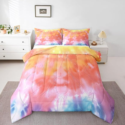 Girls Tie Dye Comforter Set with Pillowcase Trippy Bedding Boho Hippie Psychedelic Gypsy Down Comforter Twin Kids Bed Sets Soft Machine Washable Pastel Duvet Quilt Set, Orange Yellow Pink Purple Blue - LeafyLoom