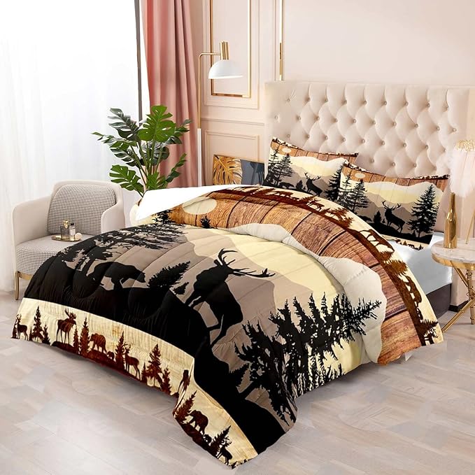 LUVIVIHOME 3PCS Black Bear Deer Comforter Set, Brown Comforter Set Queen, Pine Tree Woodland Forest Animal Elk Moose Wildlife Hunting Cabin Lodge Country Rustic Farmhouse Bedding Quilt, 2 Pillow Shams - LeafyLoom