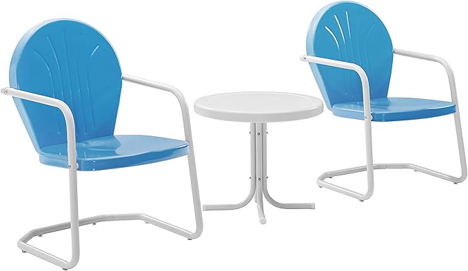 Crosley Furniture KO10004BL Griffith 3-Piece Retro Metal Outdoor Seating Set with Table and 2 Chairs, Sky Blue - LeafyLoom