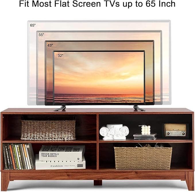 LUARANE TV Stand for TVs, up to 55 65 Inch, Console Table Cabinet MDF Storage Console, with 4 Open Storage Shelves, 4 Cord Management Holes, for Living Room and Entertainment Room (Coffee) - LeafyLoom