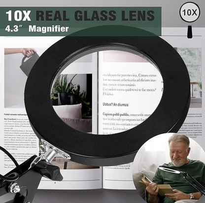 Magnifying Glass with Light and Stand, 10X Magnifying Lamp, 2-in-1 Magnifying Desk Lamp with Clamp, 3 Color Mode, Magnifying Glasses with Light for Close Work (2nd Generation Base ＆ Clamp) - LeafyLoom