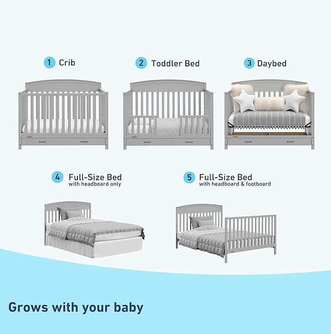 Graco Benton 5-in-1 Convertible Crib with Drawer (Pebble Gray) -Converts from Baby Crib to Toddler Bed, Daybed and Full-Size Bed,Fits Standard Full-Size Crib Mattress, Adjustable Mattress Support Base - LeafyLoom