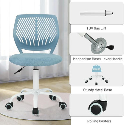 FurnitureR Kids Desk Chair, Small Mid Back Adjustable Swivel Computer Task Study Chair for Student, Fabric Armless Cute Rolling Children Office Chair, Light Blue - LeafyLoom