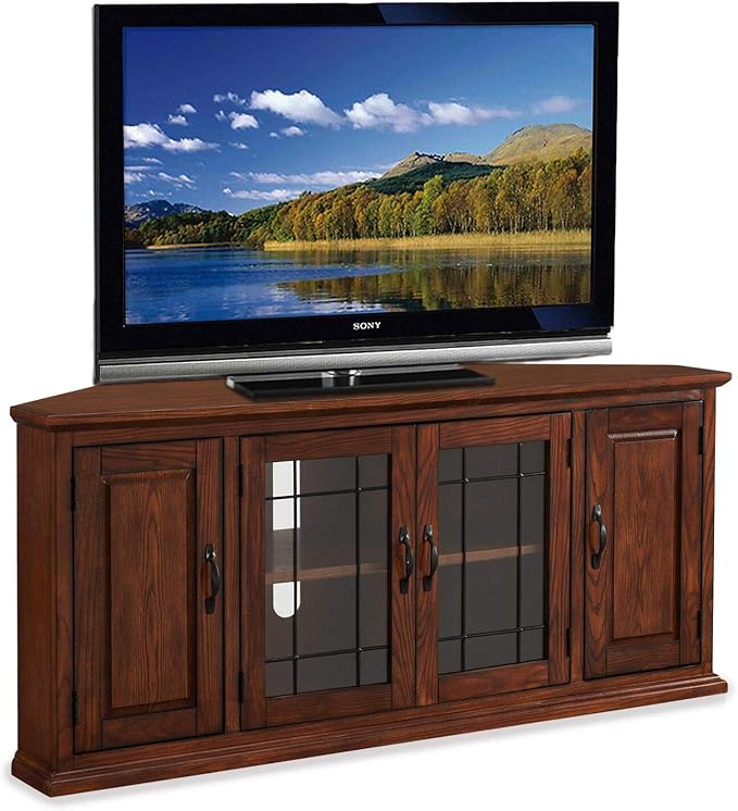 Leick Home Leaded Glass Corner Stand with Enclosed Storage for 60" TV's, Burnished Oak - LeafyLoom