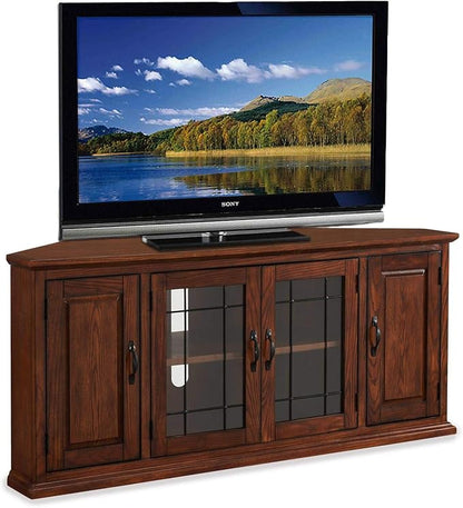 Leick Home Leaded Glass Corner Stand with Enclosed Storage for 60" TV's, Burnished Oak - LeafyLoom