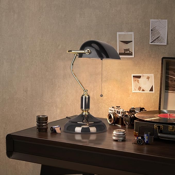 FIRVRE Bankers Desk Lamp with Pull Chain Switch Plug in Fixture, Black Glass Shade Desk Lamps, Golden and Black E26 Base, Traditional Library Lamp for Office,Piano,Study Room - LeafyLoom