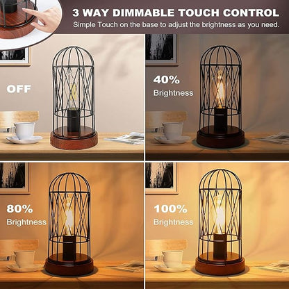 Vintage Rustic Desk Lamp Set of 2,Small Industrial Table Lamp 3 Way Dimmable Touch Control Edison Lamp with AC Outlet Bedside Lamp Metal Cage Steampunk Nightstand Lamp for Bedroom Living Room - LeafyLoom