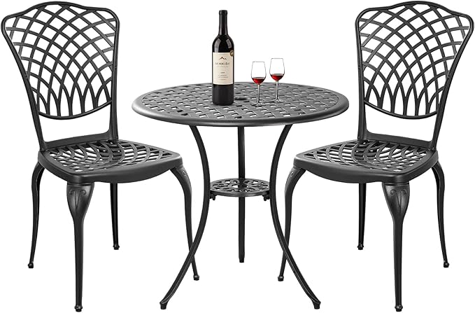 Bronze Patio Bistro Set - 3 Piece Outdoor Cast Aluminum Furniture, Large Table & Chairs, Weather Resistant, Adjustable Foot Pads, Umbrella Hole - LeafyLoom