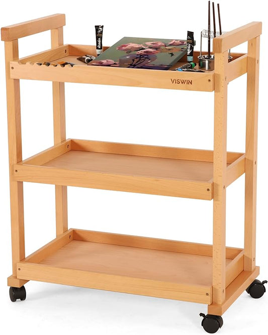 VISWIN 37" H Art Cart Storage Organizer 3-Tier, Solid Beech Wood Rolling Utility Cart with Caster Wheels, Multifunctional Art Supplies Craft Cart Organizer, Trolley for Studio, Classroom, Kitchen - LeafyLoom